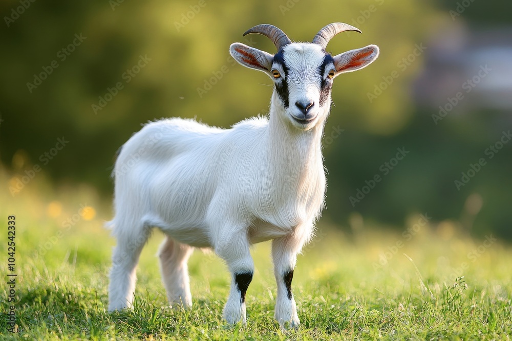 Obraz premium A white goat with black markings stands in a field of green grass and looks directly at the camera.