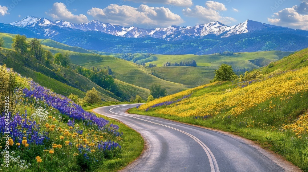 Fototapeta premium Explore a narrow road bordered by blooming wildflowers and a sparkling river, surrounded by vibrant greenery and towering mountains under bright spring sunlight. A true nature oasis awaits.