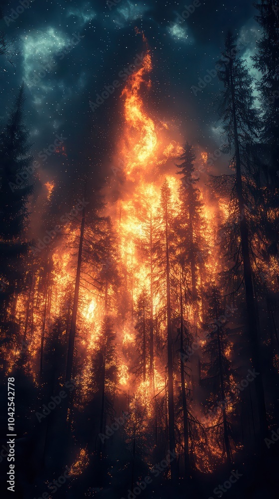 flames engulfing a forest with trees cracking and burning in an intense blaze smoke swirling into a darkening sky evoking urgency and destruction flames engulfing a forest with trees cracking and burning in an intense blaze smoke swirling into a darkening sky evoking urgency and destruction