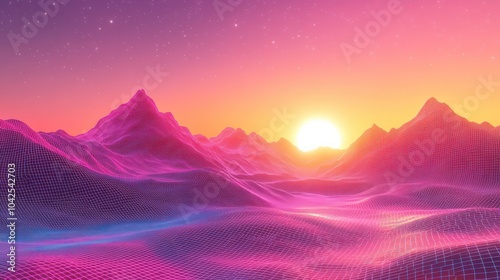 A vibrant sunset over a stylized mountain range with a glowing grid pattern.