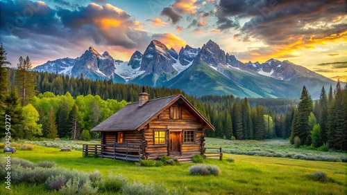 A Rustic Log Cabin Nestled in a Mountain Valley at Sunset, Illuminated by the Warm Glow of Evening Light