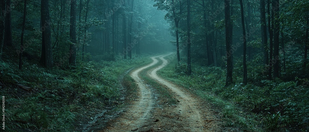 Fototapeta premium A winding dirt road through a misty, green forest
