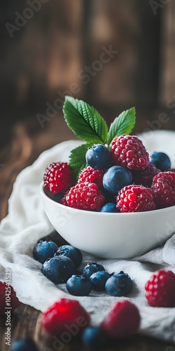 Mesa posta com uma tigela de frutas vermelhas frescas