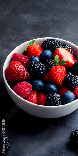 Mesa posta com uma tigela de frutas vermelhas frescas