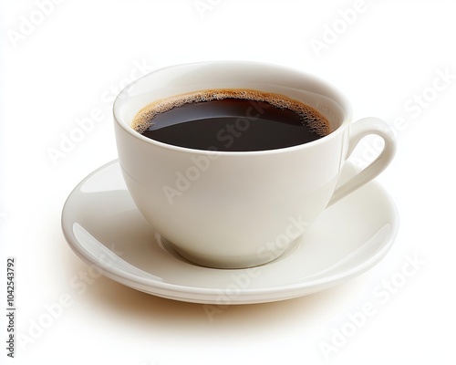 A white porcelain cup filled with black coffee sits on a matching saucer against a white background.