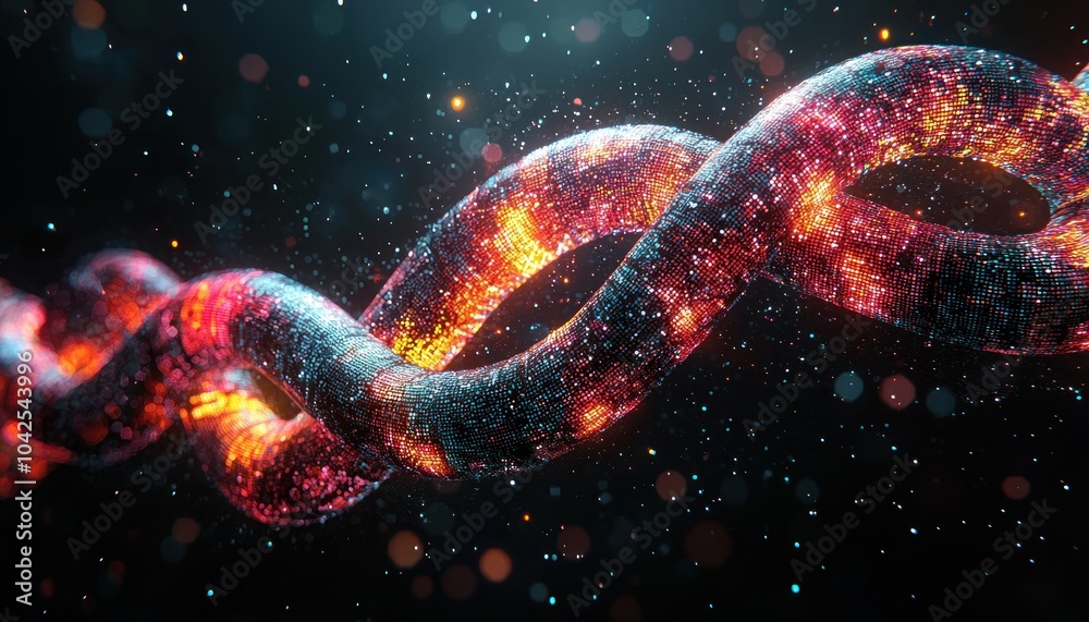 A vibrant, luminous, spiraling strand of digital particles A vibrant, luminous, spiraling strand of digital particles