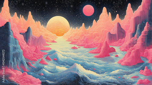 Surreal landscape with pink...