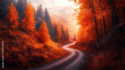 A serene road meanders through stunning autumn landscapes, where golden trees mingle with vibrant reds and oranges, under soft sunlight filtering through leaves, inviting exploration.