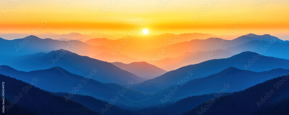 The sun is setting over a mountain range, casting a warm glow over the landscape. The mountains are covered in trees, and the sky is a mix of blue and orange hues. The scene is serene and peaceful