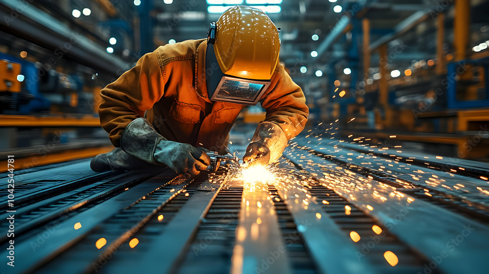 Worker welding in an industrial setting, sparks flying.