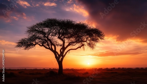 Sunset in the savannah, vibrant colors, serene environment, wide shot, inviting