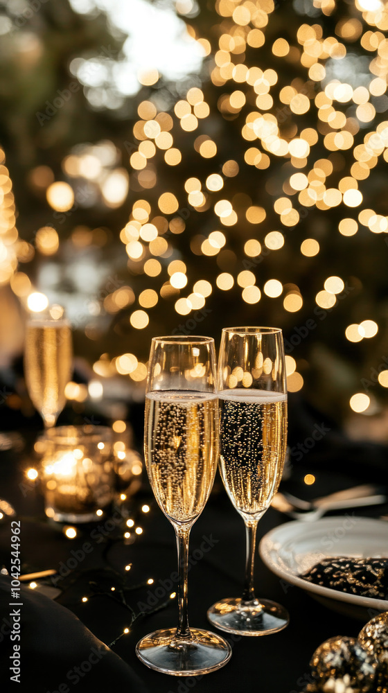 Two champagne flutes are on a table next to a Christmas tree. Scene is festive and celebratory Two champagne flutes are on a table next to a Christmas tree. Scene is festive and celebratory