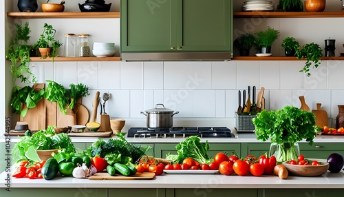 A vibrant kitchen scene brimming with fresh produce exploring the art of culinary creativity and healthy living through a bountiful display of vegetables and herbs