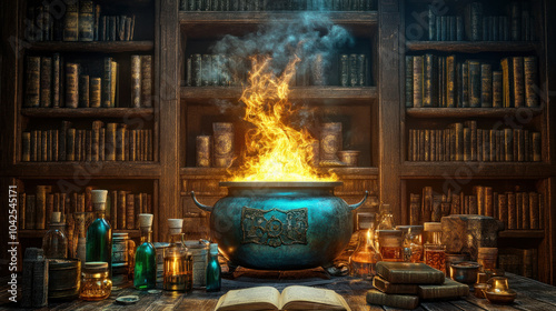 A blue cauldron with a fire inside is surrounded by books and bottles. The scene is set in a library, with shelves of books and a table with various items on it. Scene is mysterious and magical