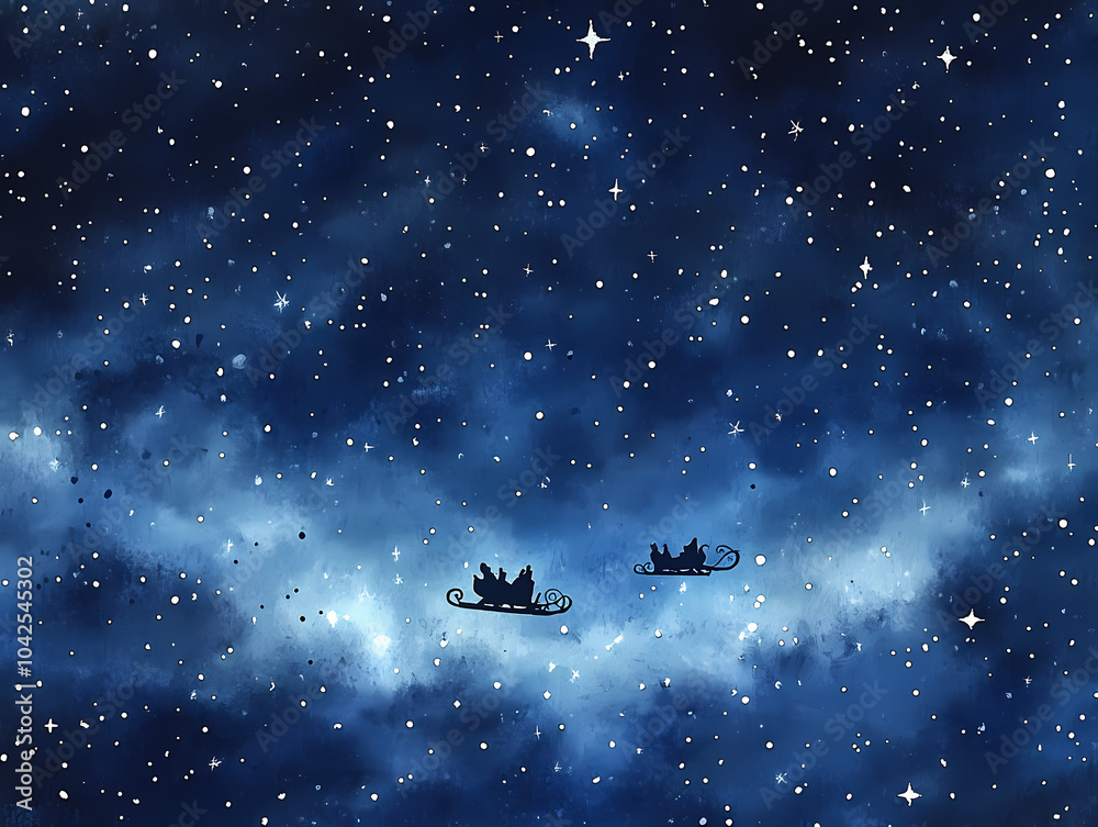 Santa’s Sleigh Flying Across a Starry Night Sky, watercolor christmas pattern, digital paper background Santa’s Sleigh Flying Across a Starry Night Sky, watercolor christmas pattern, digital paper background