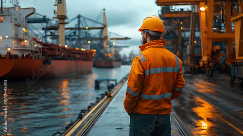 Worker observing cargo ship...