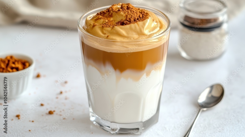 Dalgona coffee with whipped cream in a glass on a light background Dalgona coffee with whipped cream in a glass on a light background