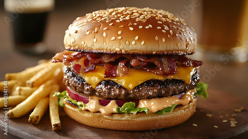 A delicious burger with bac...