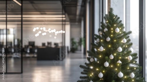 A decorated Christmas tree in a modern office space, creating a festive atmosphere. photo