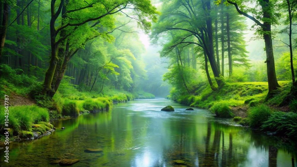 Fototapeta premium A Tranquil Stream Winding Through Lush Greenery, Sunlight Filtering Through Canopy, Creating a Serene Atmosphere