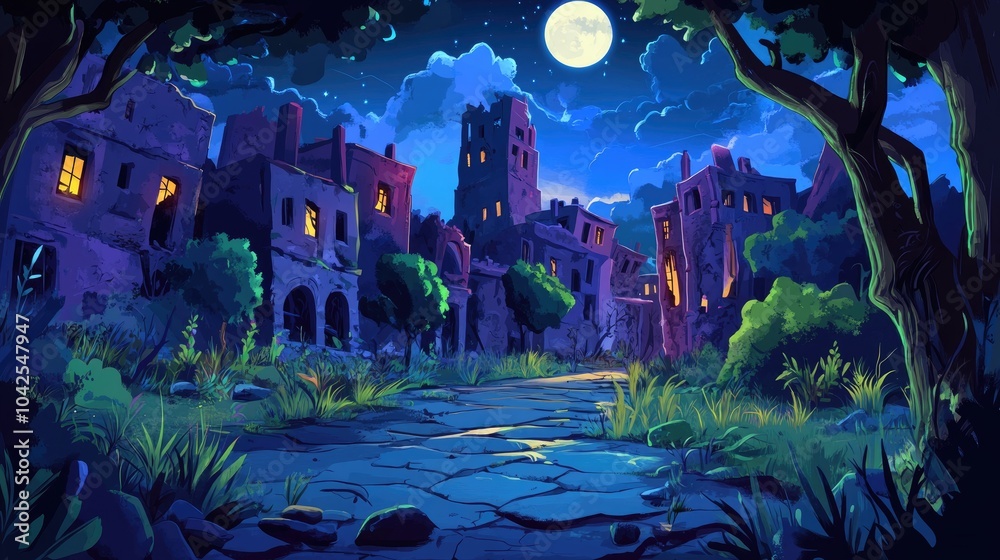 Obraz premium A Moonlit Path Through a Ruined City