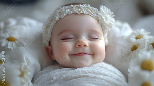 A smiling baby wrapped in s...