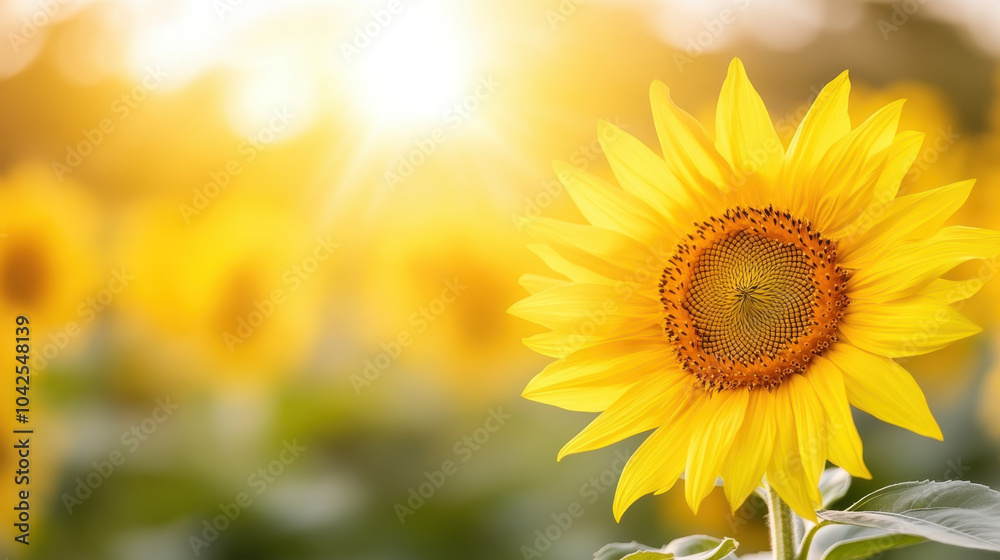 Obraz premium Bright and vibrant sunflower basking in sunlight, surrounded by field of yellow blooms, creating cheerful and warm atmosphere
