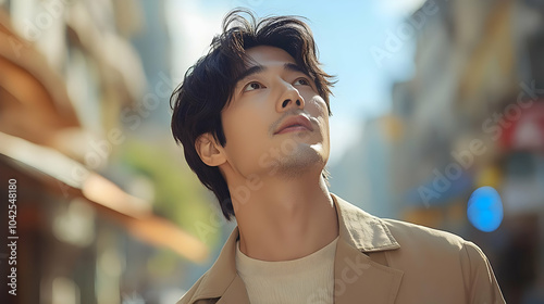A man gazing upward in a city street, exuding a contemplative vibe.