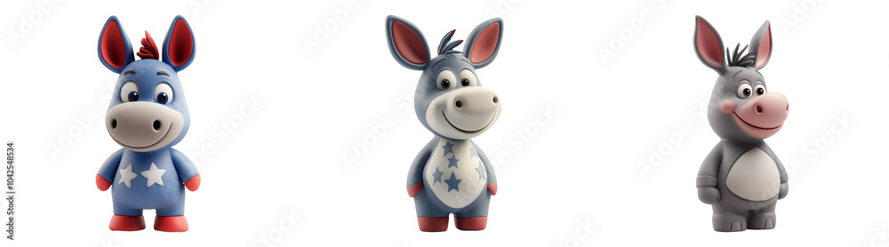 Cute donkey characters in patriotic outfits isolated on transparent PNG background perfect for children's illustrations or playful designs Cute donkey characters in patriotic outfits isolated on transparent PNG background perfect for children's illustrations or playful designs