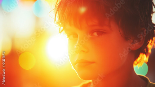 young boy gazes thoughtfully into distance, illuminated by warm sunlight. vibrant colors create dreamy atmosphere, evoking sense of wonder and curiosity