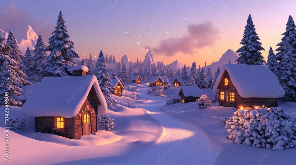 Fototapeta premium Snowy Cottage Village at Twilight in a Mountainous Landscape