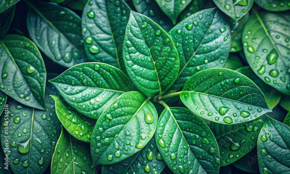 Fototapeta premium Drops of water on green leaves of dense foliage