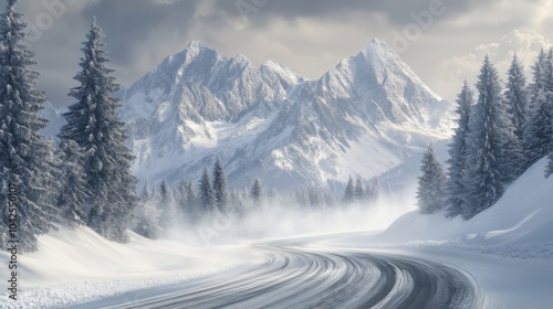 Snow blankets the road leading into the majestic mountains, with icy peaks looming in the distance. Pine trees line the route, and winter winds swirl delicate snowflakes, creating a serene atmosphere.