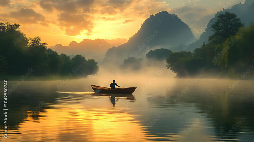 Fototapeta premium Serene sunrise over a misty river with a lone boatman.