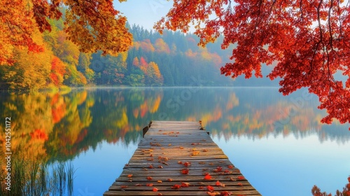 As golden hour light warms the landscape, a wooden dock stretches into a calm lake. Surrounding trees display vibrant autumn foliage reflected in the serene waters, creating a peaceful sanctuary.