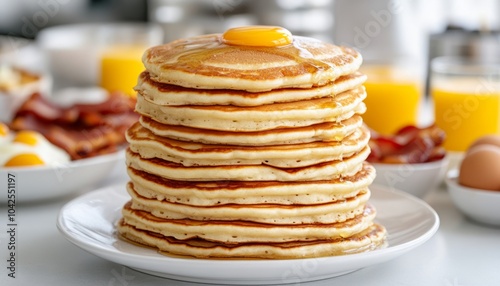 A stack of fluffy pancakes topped with an egg yolk and syrup.