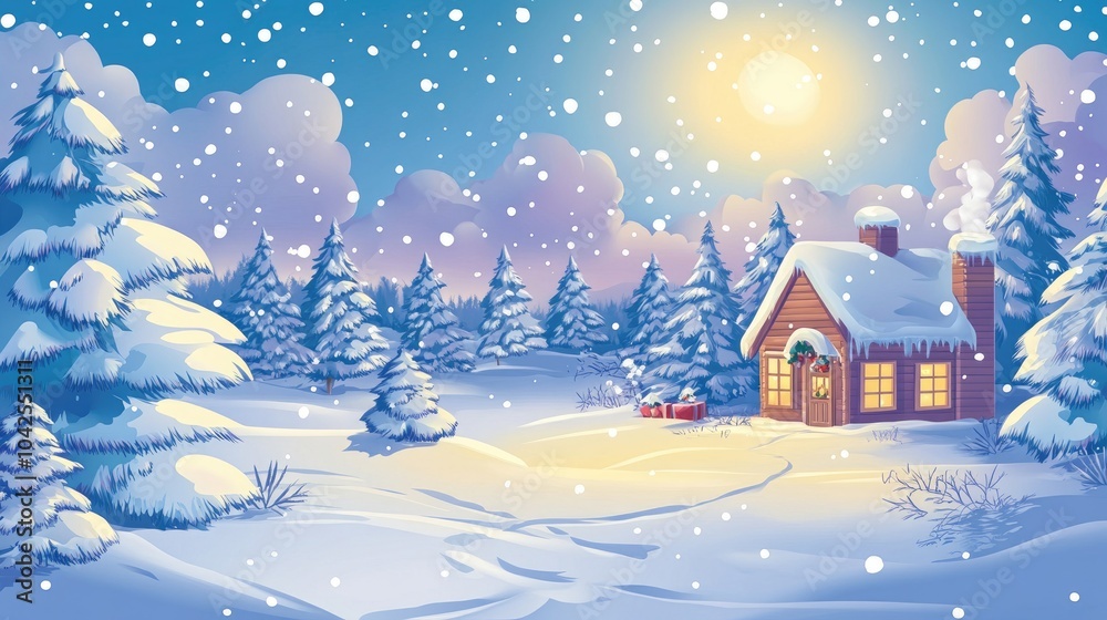 A Snow-Covered Cabin in a Winter Forest with Falling Snow A Snow-Covered Cabin in a Winter Forest with Falling Snow