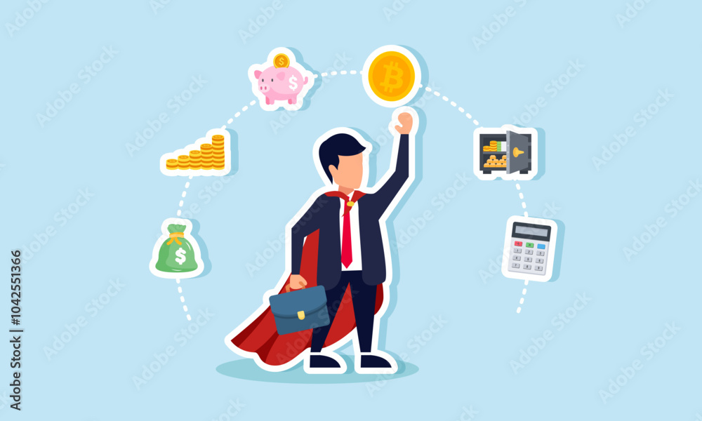 A super businessman is surrounded by items related to financial management, illustrating how effective financial management boosts business performance A super businessman is surrounded by items related to financial management, illustrating how effective financial management boosts business performance