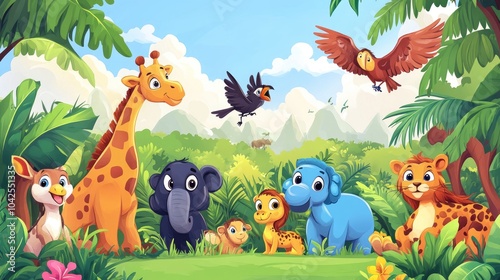 Wallpaper Mural Cartoon Animals in a Lush Jungle Landscape Torontodigital.ca