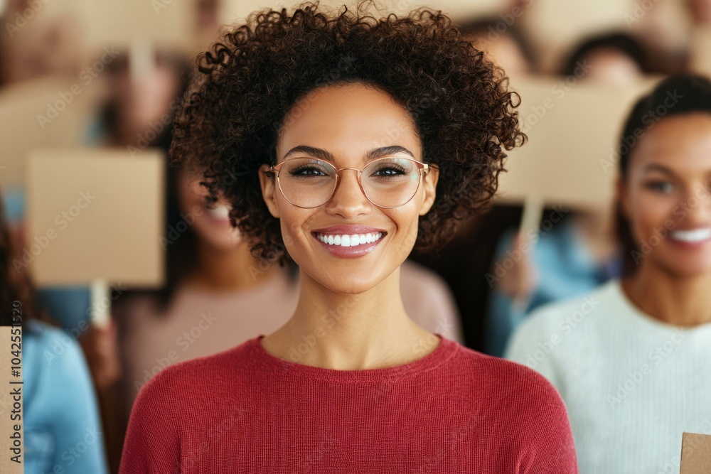 Smiling woman leading a group with signs, positive activism atmosphere. Smiling woman leading a group with signs, positive activism atmosphere.