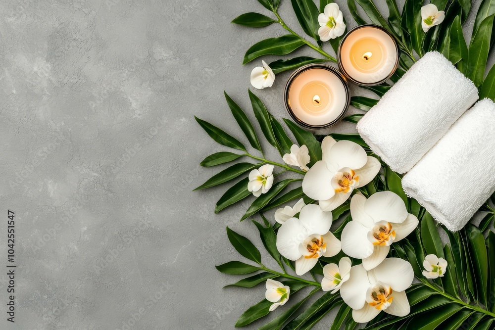 Spa setting with white towels, candles, and flowers on a gray background. Spa setting with white towels, candles, and flowers on a gray background.