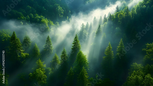 Lush forest with mist and s...