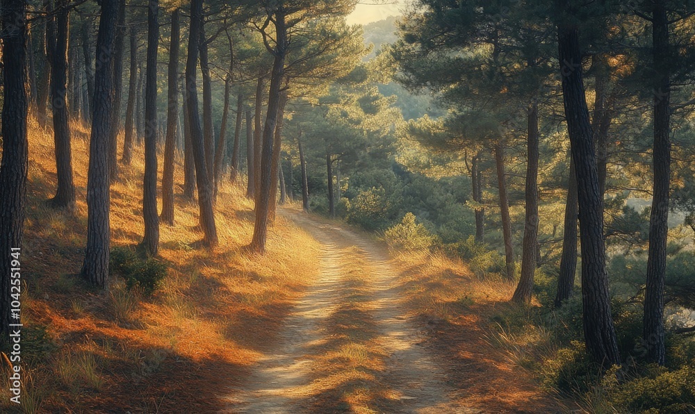 Fototapeta premium A winding path through a sun-drenched forest, with tall pine trees and warm light illuminating the path.