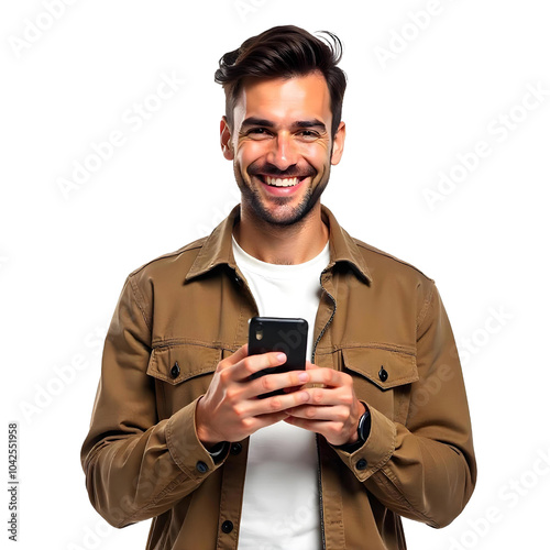 Happy young handsome man using smartphone isolated on transparent background