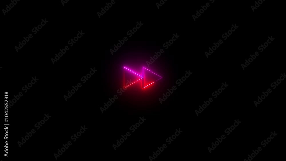 Abstract pink red neon digital media speed forward in right icon glowing on black background, Abstract pink red neon digital media speed forward in right icon glowing on black background,