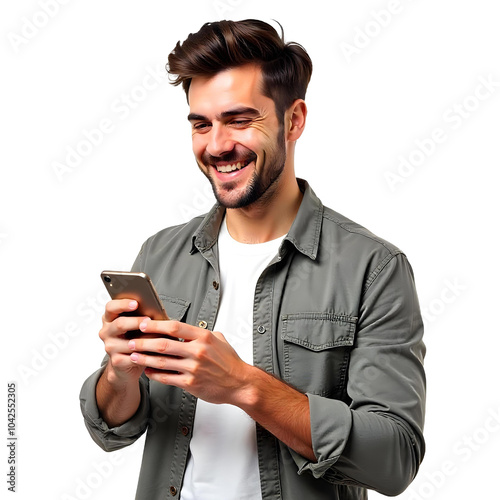 Happy young handsome man using smartphone isolated on transparent background
