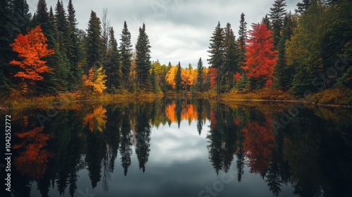Surrounded by colorful autumn foliage, a tranquil lake mirrors the stunning hues of golden yellow, bright orange, and deep red leaves, illuminated by soft, golden light.