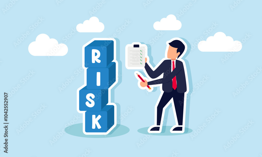 Fototapeta premium A businessman is carrying a pencil and a clipboard with a checklist, recording a pile of boxes labeled RISK, illustrating the documentation for business calculations to minimize risk