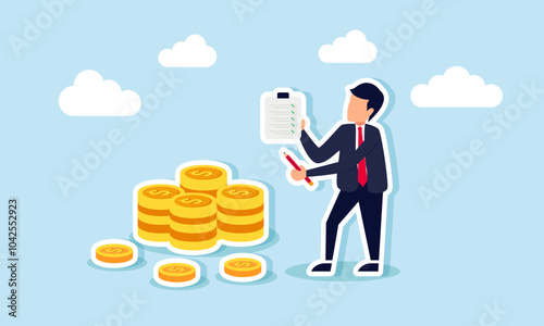 A businessman is carrying a pencil and a clipboard with a checklist, recording a pile of dollar coins, illustrating the tracking of business asset amounts