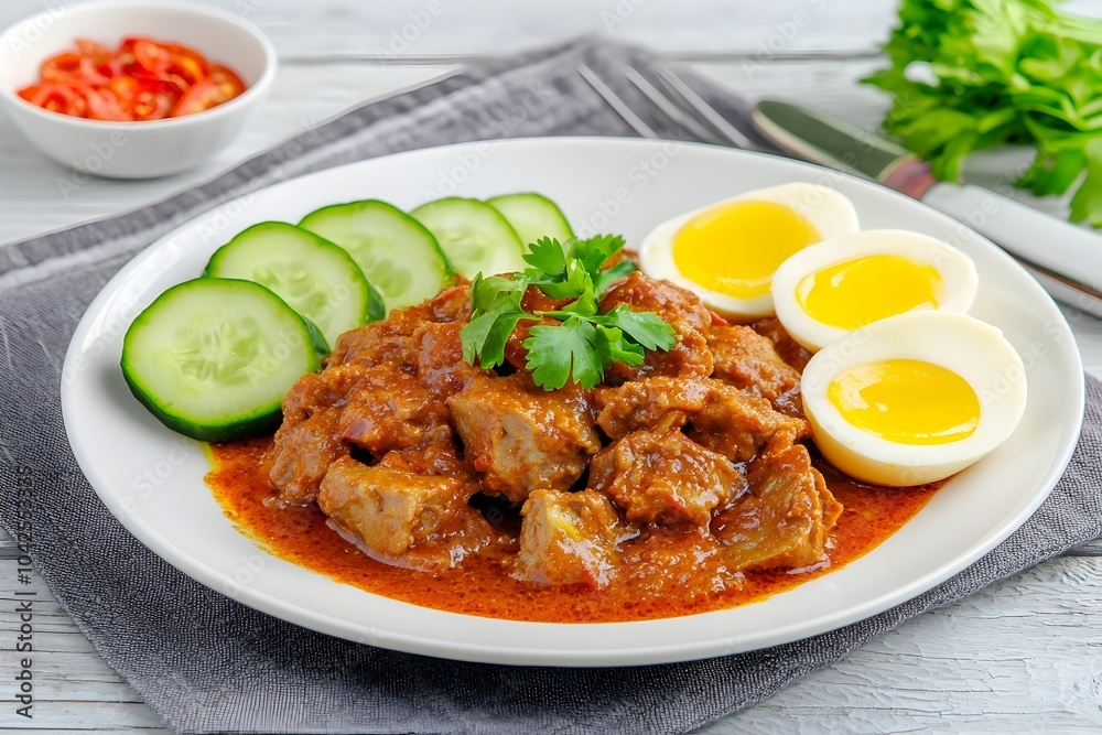 Hearty Indonesian Rendang Beef Curry Dish with Vegetables and Eggs Served on Plate Hearty Indonesian Rendang Beef Curry Dish with Vegetables and Eggs Served on Plate